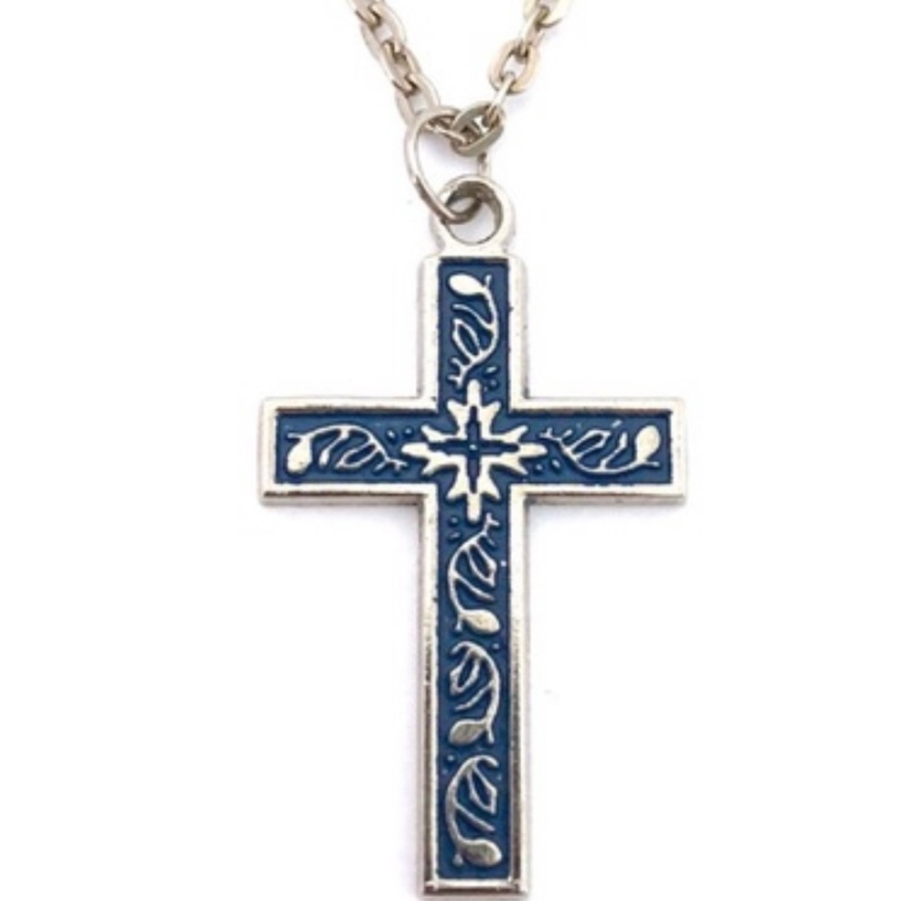 Beautiful VTG Blue Enamel Cross Pendant Necklace